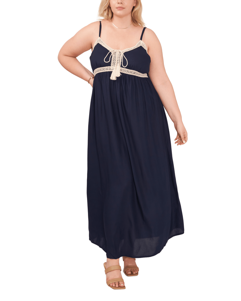 Front of a model wearing a size 0X Mia Crochet Trim Maxi Dress in CLASSIC NA-407 by 1.State. | dia_product_style_image_id:262690